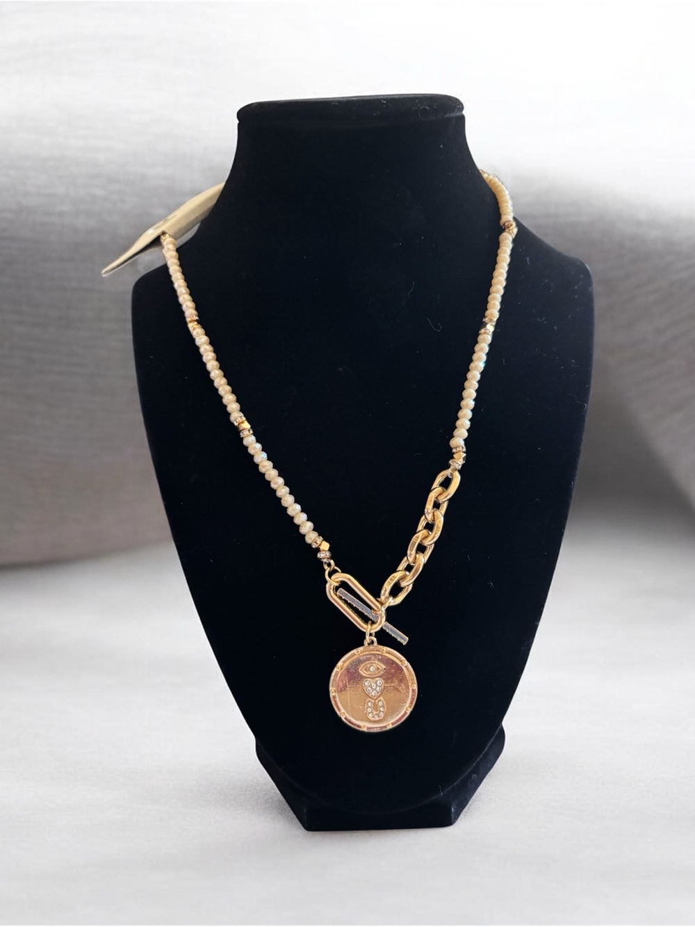 Gold-Tone Medallion Pendant Necklace with Cream Beads